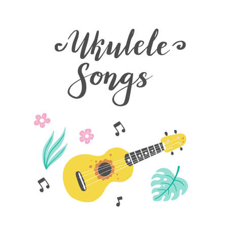 Cute cartoon ukulele for summer poster, card design with lettering text Ukulele songs. Little guitar, string music instrument of hawaii style. Vector illuatration of simple hand drawn style.の写真素材