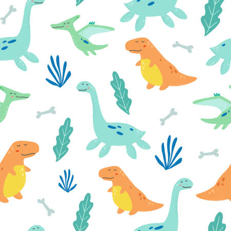 Cute dinosaur seamless pattern for kids, baby textile, wallpaper, nursery design. Funny little dino of hand drawn style. Vector illustration.の写真素材
