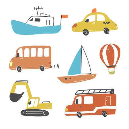 Set of cartoon cute kids and toy style cars and other transport, truck, taxi, fire truck, ship, excavator, bus, air balloon. Isolated vector illustration.の写真素材