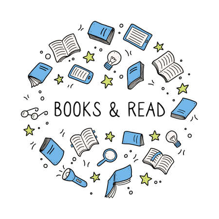 Hand drawn set of book doodle elements, education symbols. Vector illustration for book store, reading club, learning, library banner concept design. Doodle sketch style frame for text with copy spaceの写真素材