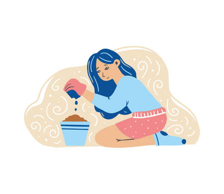 Cartoon young woman character planting seed of flower in the ground. Plant grow, home gardening, stay home activities, hobby design consept. Vector illustration of flat design.のイラスト素材