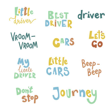 Set of hand drawn childish lettering text and phrases for baby boy t-shirt, card design. Little driver, cars, beep-beep and other quotes. Cute cartoon style vector illustration.のイラスト素材