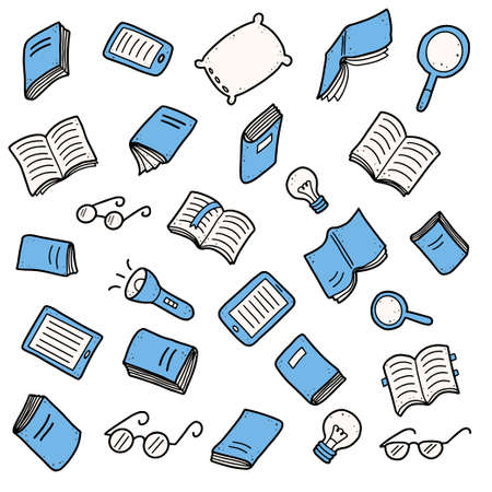 Hand drawn set of book doodle elements, e-book, lamp, education symbols. Cut isolated vector illustration for book store, reading club, learning, library banner concept design. Doodle sketch style.のイラスト素材
