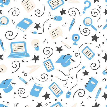 Hand drawn seamless pattern of online education elements, laptop, pencil, book. Doodle sketch style. Vector illustration for e-learning, science, school, knowledge concept design.のイラスト素材