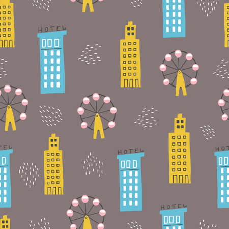 Seamless pattern of childish cartoon town, city with tree and building for fabric, wallpaper, background design. Cute baby, child vector illustration.のイラスト素材
