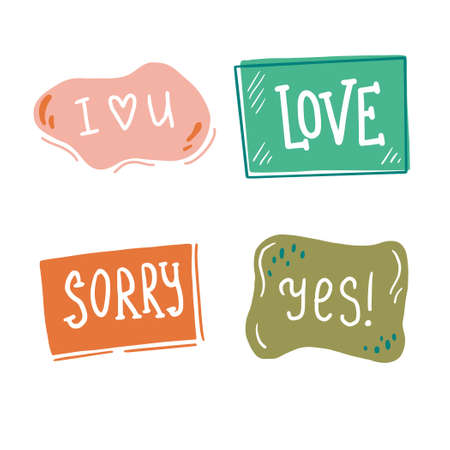 Hand drawn set of speech bubbles with dialog text. Comic doodle sketch style. Text and speech balloon element of color. Vector illustration for icon design.のイラスト素材