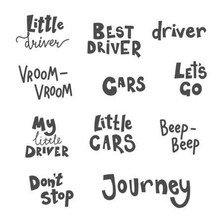 Set of hand drawn childish lettering text and phrases for baby boy t-shirt, card design. Little driver, cars, beep-beep and other quotes. Cute cartoon style vector illustration.のイラスト素材