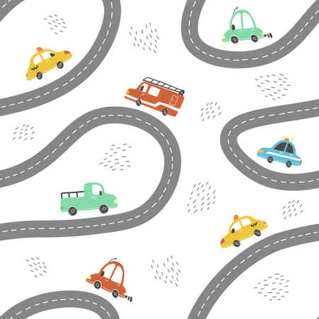 Seamless pattern of childish cartoon town, city map with road and cars for fabric, wallpaper, background design. Cute baby, child vector illustration.のイラスト素材