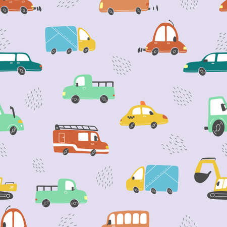 Seamless pattern of childish cartoon town, city map with road and cars for fabric, wallpaper, background design. Cute baby, child vector illustration.のイラスト素材