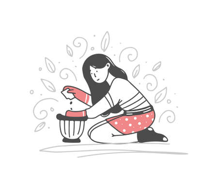 Cartoon young woman character planting seed of flower in the ground. Plant grow, home gardening, stay home activities, hobby design consept. Vector illustration of hand drawn, doodle design characterのイラスト素材