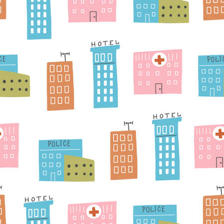 Seamless pattern of childish cartoon town, city with tree and building for fabric, wallpaper, background design. Cute baby, child vector illustration.のイラスト素材