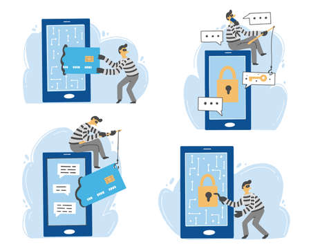 Scammer attack, email phishing, cyber hacker, online fraud, security concept design for web, banner, social media. Cartoon character of scammer. Flat design vector illustration.のイラスト素材