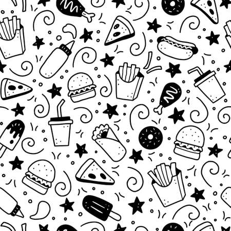 Hand drawn seamless pattern with fast food elements, burger, pizza, sandwich, hamburger, snack. Doodle sketch style. Fast food element for background, menu, wallpaper design. Vector illustration.のイラスト素材