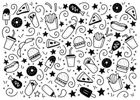 Hand drawn set of fast food elements, burger, pizza, sandwich, hamburger, snack. Comic doodle sketch style. Fast food element drawn by digital brush-pen. Vector illustration for icon, menu, frame design.のイラスト素材