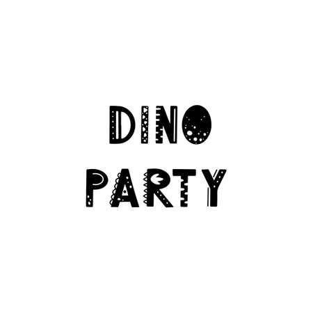 Funny kids lettering tex Dino Party with hand drawn elements in scandinavian style for poster, kids nursery design. Vector illustration.のイラスト素材