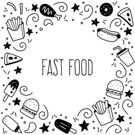 Hand drawn frame of fast food elements, burger, pizza, sandwich, hamburger, snack. Doodle sketch style. Fast food element drawn by digital brush-pen. Vector illustration for icon, menu, frame design.のイラスト素材