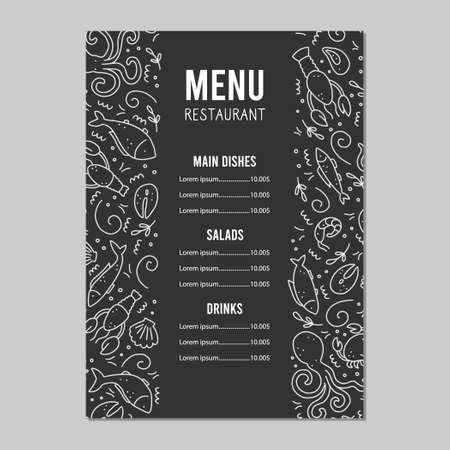 Hand drawn menu template of seafood elements, fish, lobster, oyster, octopus, shrimp. Doodle sketch style. Sea food element drawn by dogital pen. Vector illustration for icon, menu, recipe design.のイラスト素材