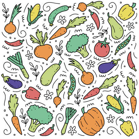 Hand drawn set of vegetable elements, carrot, salad, tomato, onion, lettuce, chili. Comic doodle sketch style. Vegetables element drawn by digital brush-pen. Vector illustration for icon, menu, frameのイラスト素材
