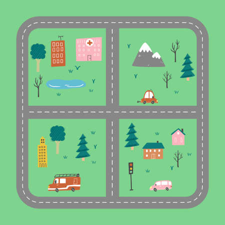Cartoon cute kids map with car, road, city landscape elements. Cars, building, road of hand drawn, children toy style. Vector illustration.のイラスト素材