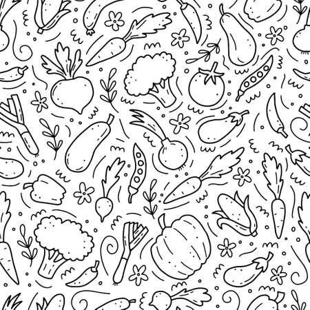 Hand drawn seamless pattern of vegetable elements, carrot, salad, tomato, onion, lettuce, chili, cucumber. Doodle sketch style. Vegetables element of vector illustration for menu, fabric, textile.のイラスト素材