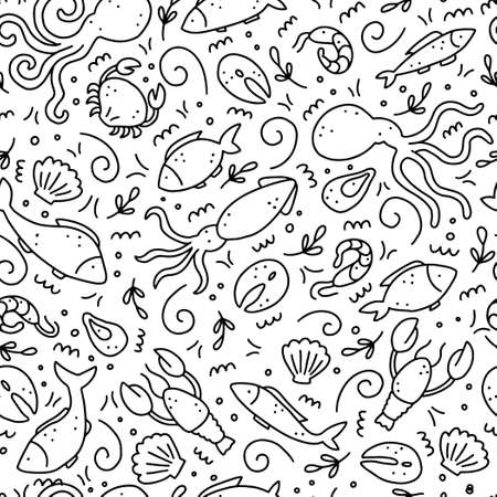 Hand drawn seamless pattern of seafood elements, fish, lobster, oyster, octopus, shrimp. Doodle sketch style. Sea food element drawn by dogital pen.のイラスト素材