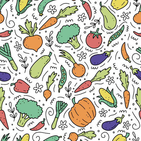 Hand drawn seamless pattern of vegetable elements, carrot, salad, tomato, onion, lettuce, chili, cucumber. Doodle sketch style.のイラスト素材