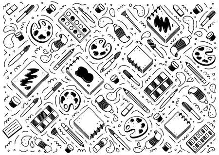 Hand drawn set of creative artist tools element, brush, pencil, paint, sketchbook, marker. Doodle sketch style. Artist element drawn by digital pen. Vector illustration for banner, icon, craft designのイラスト素材