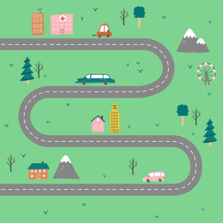 Cartoon cute kids map with car, road, city landscape elements. Cars, building, road of hand drawn, children toy style. Vector illustration.のイラスト素材