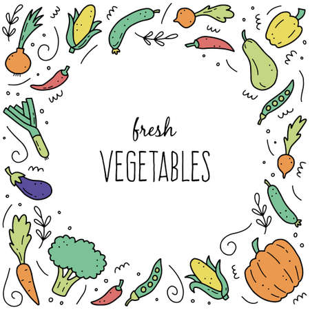 Hand drawn set of vegetable elements, carrot, salad, tomato, onion, lettuce, chili. Comic doodle sketch style. Vegetables element drawn by digital brush-pen. Vector illustration for icon, menu, frameのイラスト素材
