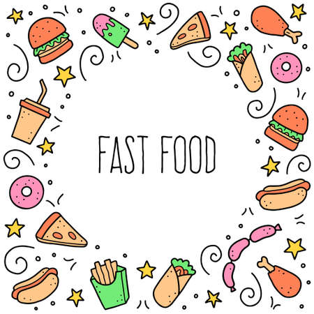 Hand drawn frame of fast food elements, burger, pizza, sandwich, hamburger, snack. Doodle sketch style. Fast food element drawn by digital brush-pen. Vector illustration for icon, menu, frame design.のイラスト素材