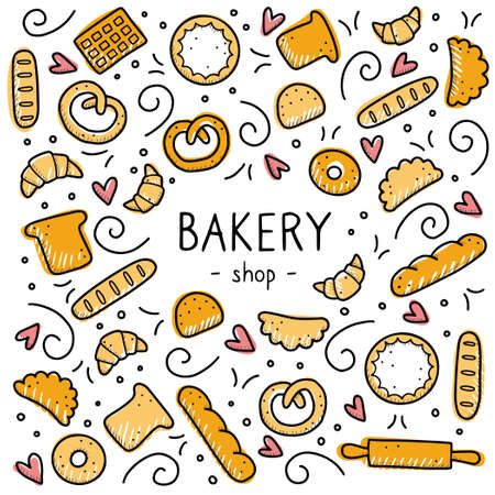 Hand drawn set of bakery and baking elements, bread, pastry, croissant, cake, donut. Doodle sketch style. Bakery element drawn by digital pen. Vector illustration for menu, frame, recipe design.のイラスト素材