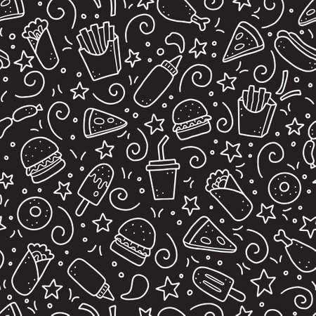 Hand drawn seamless pattern with fast food elements, burger, pizza, sandwich, hamburger, snack. Doodle sketch style. Fast food element for background, menu, wallpaper design. Vector illustration.のイラスト素材
