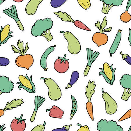 Hand drawn seamless pattern of vegetable elements, carrot, salad, tomato, onion, lettuce, chili, cucumber. Doodle sketch style. Vegetables element of vector illustration for menu, fabric, textile.のイラスト素材