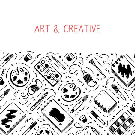 Hand drawn set of creative artist tools element, brush, pencil, paint, sketchbook, marker. Doodle sketch style. Artist element drawn by digital pen. Vector illustration for banner, icon, craft designのイラスト素材