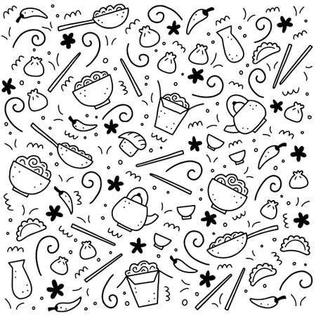 Hand drawn set of Asian food elements, wok, ramen, noodle, soy. Doodle sketch style. Asian food element drawn by digital pen. Vector illustration for menu, frame, recipe design.のイラスト素材