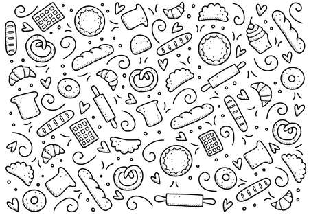 Hand drawn set of bakery and baking elements, bread, pastry, croissant, cake, donut. Doodle sketch style. Bakery element drawn by digital pen. Vector illustration for menu, frame, recipe design.のイラスト素材