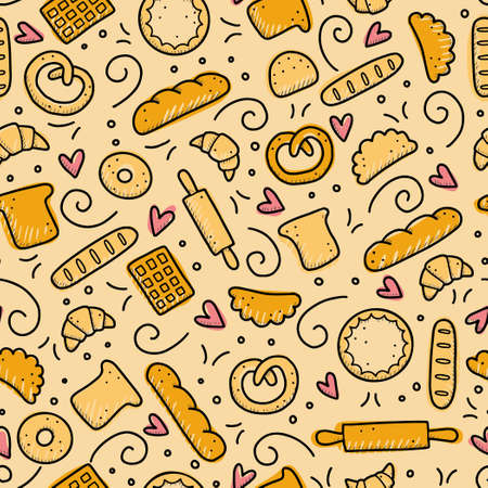 Hand drawn seamless pattern of bakery elements, bread, pastry, croissant, cake, donut. Doodle sketch style. Baking element drawn by digital pen. Vector illustration for banner, fabric, textile design.のイラスト素材