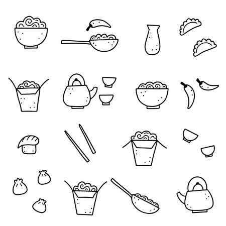 Hand drawn set of Asian food elements, wok, ramen, noodle, soy. Doodle sketch style. Asian food element drawn by digital pen. Vector illustration for menu, frame, recipe design.のイラスト素材