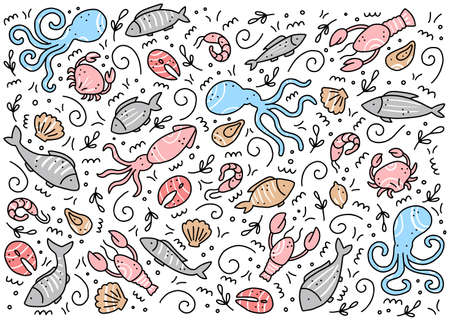 Hand drawn set of seafood elements, fish, lobster, oyster, octopus, shrimp. Doodle sketch style. Sea food element drawn by dogital pen. Vector illustration for icon, menu, recipe design.のイラスト素材