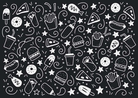 Hand drawn set of fast food elements, burger, pizza, sandwich, hamburger, snack. Comic doodle sketch style. Fast food element drawn by digital brush-pen. Vector illustration for icon, menu, frame design.のイラスト素材