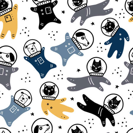 Hand drawn seamless pattern of space with doodle style. Vector illustration for kids.のイラスト素材