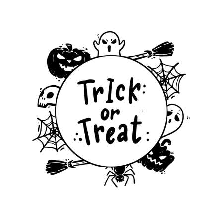 Cute hand drawn lettering Halloween quote by doodle sketch style. Vector illustration slogan of Trick or Treat for kids poster, children banner for school or education.のイラスト素材