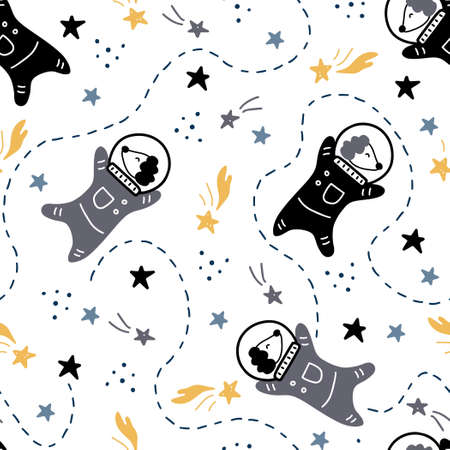 Hand drawn seamless pattern of space with star, comet, rocket, planet, dog astronaut element. Cute pattern by doodle style. Vector illustration for kids fabric, children wallpaper, texture.のイラスト素材