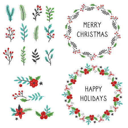 Set of christmas wreath floral frame for text decoration. Hand drawn style illustration.のイラスト素材