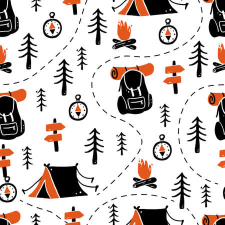 Set of hand drawn seamless pattern tourism and camping equipment. Doodle style illustration. Activity holiday, outdoor travel concept.のイラスト素材