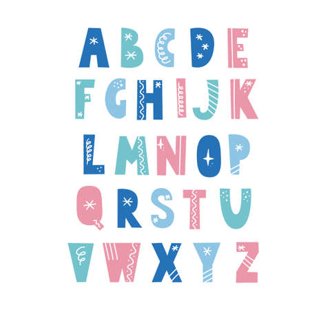 Alphabet in scandinavian style with christmas elements, snowflake, star, line. Christmas holiday font. Color letter.のイラスト素材