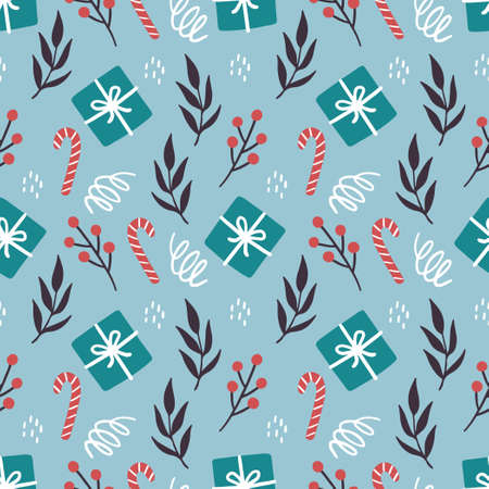 Christmas elements seamless pattern with gift box, floral, candy. Hand drawn style illustration. Winter holiday background for wallpaper, textile, fabric design.のイラスト素材