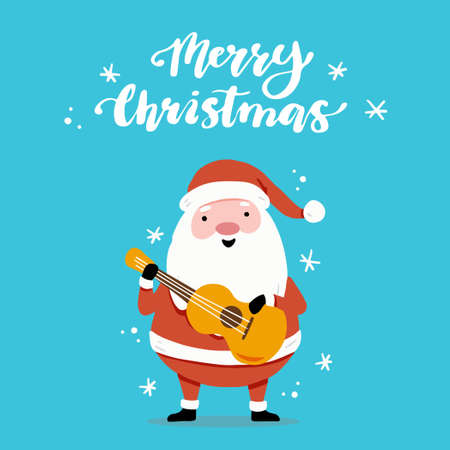 Christmas greeting card design with cartoon Santa Claus character, hand drawn design elements, lettering qoute Merry Christmas.のイラスト素材
