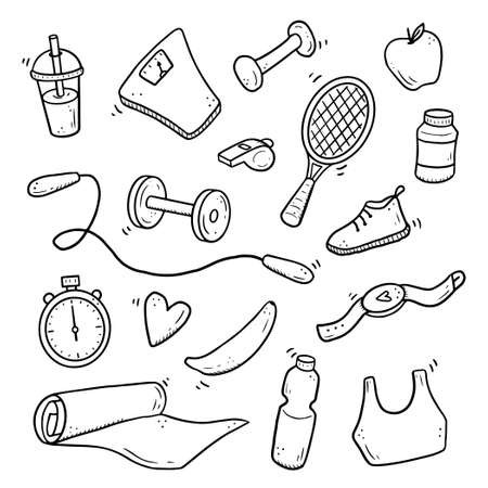 Hand drawn set of fitness, gym equipments, activity lifestyle concept. Doodle sketch style. Sport element drawn by digital brush-pen. Illustration for icon, frame, background.のイラスト素材