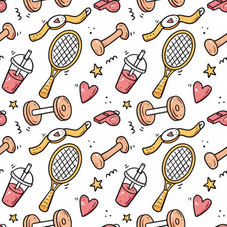 Hand drawn seamless pattern of fitness, gym equipments. Doodle sketch style. Sport element drawn by digital brush-pen. Illustration for icon, frame, background.のイラスト素材